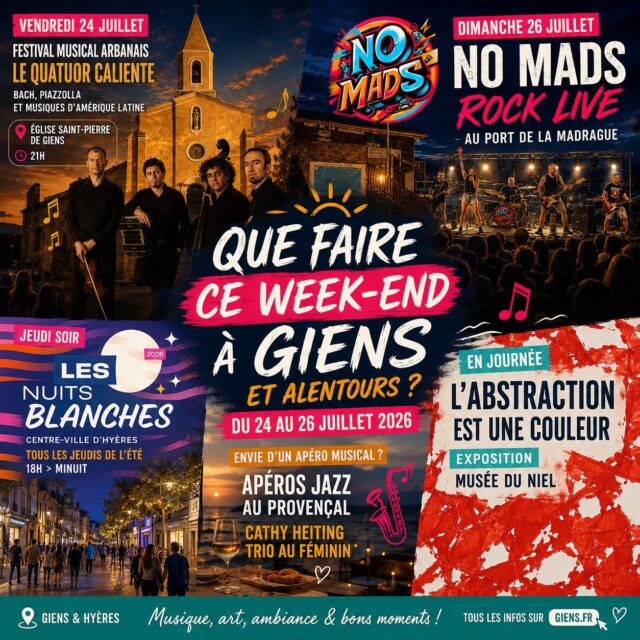 ☀️ Que faire ce week-end à Giens ?
🎻 Vendredi
✨ Festival Musical Arbanais avec le Quatuor Caliente à l'église Saint-Pierre de Giens.
🎸 Dimanche
⚡ Ambiance rock au port de la Madrague avec NO MADS !
✨ Jeudi soir à Hyères
Les Nuits Blanches animent le centre-ville jusqu'à minuit.
🎷 Envie d'un apéro musical ?
Direction Le Provençal pour les Apéros Jazz avec Cathy Heiting Trio.
🎨 Et en journée...
Découvrez la magnifique exposition "L'Abstraction est une couleur" au Musée du Niel.
📅 Retrouvez tous les événements de la presqu'île dans notre agenda :
👉 https://giens.fr/events/
Passez un excellent week-end sur la presqu'île de Giens ! 🌊☀️❤️
#giens #presquiledegiens #hyeres #visitvar #festival #concert #rock #jazz #musiqueclassique #museeduniel #weekend #sortir #provence #cotedazur #agenda #giensfr