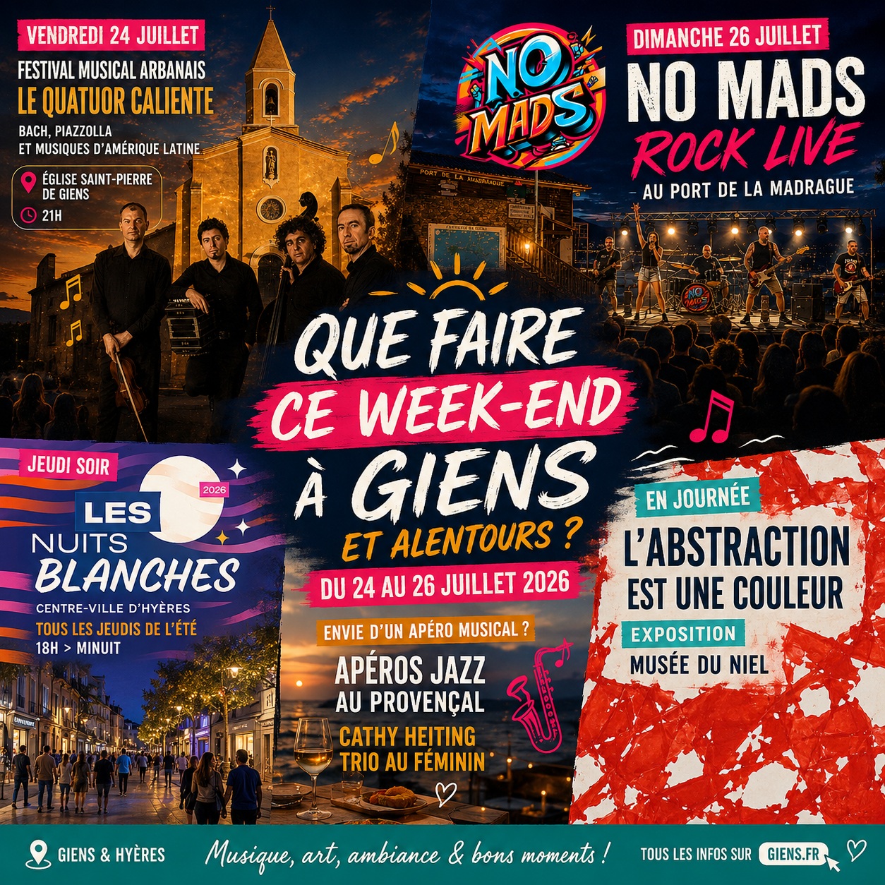☀️ Que faire ce week-end à Giens ?
🎻 Vendredi
✨ Festival Musical Arbanais avec le Quatuor Caliente à l'église Saint-Pierre de Giens.
🎸 Dimanche
⚡ Ambiance rock au port de la Madrague avec NO MADS !
✨ Jeudi soir à Hyères
Les Nuits Blanches animent le centre-ville jusqu'à minuit.
🎷 Envie d'un apéro musical ?
Direction Le Provençal pour les Apéros Jazz avec Cathy Heiting Trio.
🎨 Et en journée...
Découvrez la magnifique exposition "L'Abstraction est une couleur" au Musée du Niel.
📅 Retrouvez tous les événements de la presqu'île dans notre agenda :
👉 https://giens.fr/events/
Passez un excellent week-end sur la presqu'île de Giens ! 🌊☀️❤️
#giens #presquiledegiens #hyeres #visitvar #festival #concert #rock #jazz #musiqueclassique #museeduniel #weekend #sortir #provence #cotedazur #agenda #giensfr