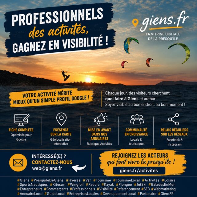 🌊 Professionnels des activités à Giens et à Hyères... êtes-vous suffisamment visibles ?
Chaque jour, des milliers de visiteurs recherchent quoi faire sur la presqu'île de Giens.
👉 Plongée 🤿
👉 Kitesurf 🪁
👉 Wingfoil 🌊
👉 Paddle 🚣
👉 Kayak 🚣♀️
👉 Balades en mer 🚤
👉 Jet-ski 🛥️
👉 Parcs de loisirs 🎡
La question est simple : est-ce qu'ils vous trouvent ?
Sur giens.fr, nous construisons la vitrine digitale de la presqu'île avec un objectif : mettre en relation les visiteurs avec les professionnels locaux.
En rejoignant notre rubrique Activités, vous bénéficiez notamment de :
✅ Une fiche optimisée pour Google
✅ Une présence sur notre carte interactive
✅ Une mise en avant dans nos annuaires
✅ Une visibilité auprès d'une communauté locale et touristique en pleine croissance
✅ Des relais réguliers sur Facebook et Instagram
📩 Envie d'en savoir plus ? Contactez-nous : web@giens.fr
🔗 Découvrez la rubrique : https://giens.fr/activites/�
Parce qu'aujourd'hui, être excellent ne suffit plus... encore faut-il être visible.
#Giens #PresquileDeGiens #Hyeres #Var #VisitVar Provence CotedAzur GiensFR Tourisme TourismeLocal Activites Loisirs LoisirsNautiques SportsNautiques Kitesurf Wingfoil Paddle Kayak Plongee JetSki BaladesEnMer EntreprisesLocales Professionnels Entrepreneurs Commercants Visibilite Communication MarketingDigital Webmarketing SEO Referencement AnnuaireLocal GuideLocal DeveloppementLocal Partenaire BusinessLocal Entreprendre LaVitrineDigitale