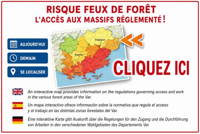 🔥 Avant de partir en balade, vérifiez la carte !
Chaque jour, le risque incendie évolue dans le Var en fonction de la météo, du vent, de la chaleur et de la sécheresse de la végétation.
⚠️ Selon le niveau de risque, l'accès à certains massifs peut être autorisé, déconseillé ou interdit.
👉 Un simple réflexe peut faire toute la différence : consultez la carte officielle avant toute randonnée ou promenade.
📍 Retrouvez-la désormais à la une de giens.fr jusqu'à la fin septembre.
🔗 https://www.risque-prevention-incendie.fr/var/
🌿 Profitons de nos magnifiques espaces naturels… en les protégeant.
#Giens #PresquileDeGiens #Hyeres #Var #RisqueIncendie #FeuxDeForet #Foret #Nature #Randonnee #Prevention #CCFF #Securite #Mistral #SudDeLaFrance #PACA #ProtegerLaNature #Balade #MassifsForestiers #Ete2026 #VisitVar