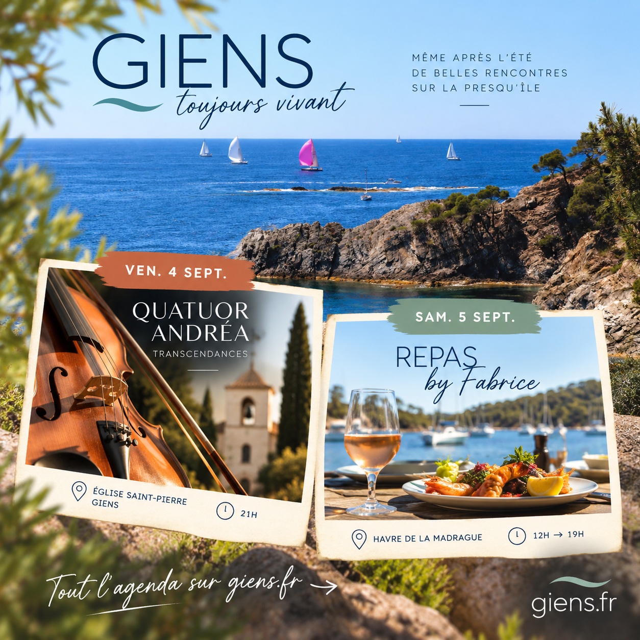 ☀️ AOÛT EST TERMINÉ… MAIS GIENS CONTINUE DE VIVRE ! 💙🌊
Les vacances d’été prennent fin, mais sur la presqu’île de Giens, les animations continuent et il fait bon vivre toute l’année !
📅 AU PROGRAMME CE WEEK-END
🎻 VENDREDI 4 SEPTEMBRE • 21H
📍 Église Saint-Pierre – Giens
Festival Musical Arbanais
✨ Quatuor Andréa – « Transcendances »
🎼 Beethoven & Schumann
🎟️ Participation libre
🍽️ SAMEDI 5 SEPTEMBRE • 12H → 19H
📍 Havre de la Madrague
Repas by Fabrice
Organisé par la Société Nautique du Havre de la Madrague
👉 Réservé aux membres et à leurs invités
💶 20 à 25 €
💙 Septembre à Giens, c’est encore l’été… autrement.
Moins de monde, de belles journées et toujours de bonnes raisons de profiter de la presqu’île.
📅 Tout l’agenda sur GIENS.FR
👉 Lien en bio
#Giens #PresquileDeGiens #Hyères #Arbanie #AgendaGiens #SortirAGiens #FestivalMusicalArbanais #QuatuorAndrea #LaMadrague #MusiqueClassique #GiensFr #Var #cotedazur